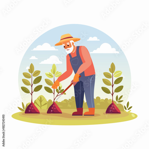 Farmer Tending Crops In Sunny Field.