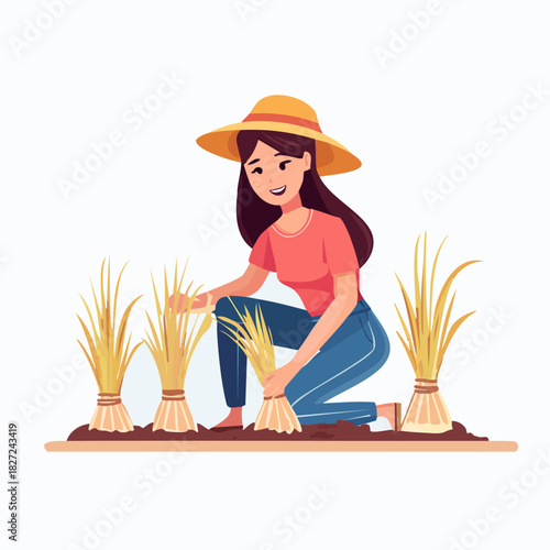 Woman Harvesting Wheat in Field Illustration.