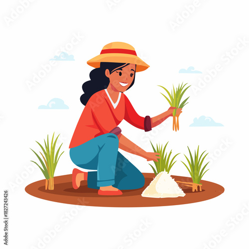 Female farmer planting rice seedlings in field.