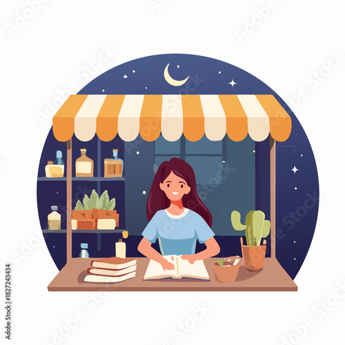 Female street vendor at night market stall.