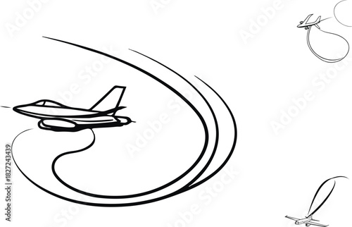 Single line airplane taking off into a curved trail