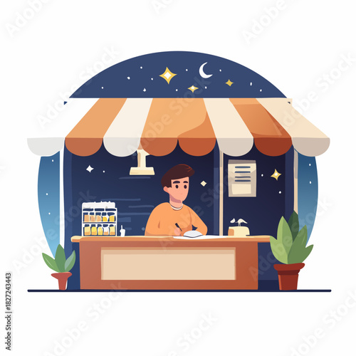 Night market vendor at a stall serving beverages.