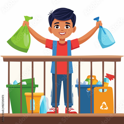 Young boy holding cleaning trash bags for recycling.