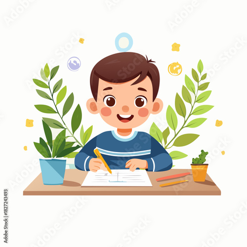 Joyful child drawing at desk with notebook.