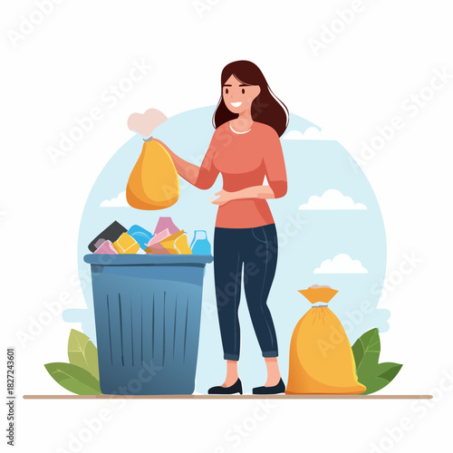 Woman Discarding Trash Into Recycling Bin Outdoors.
