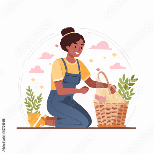 Woman Harvesting Fresh Produce From a Basket in Garden.