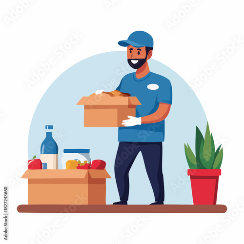 Delivery Worker In Uniform Carrying Cardboard Box.