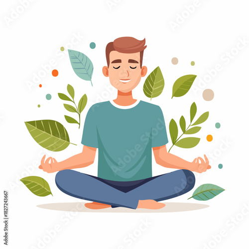 Meditating young man practicing mindfulness in lotus pose.