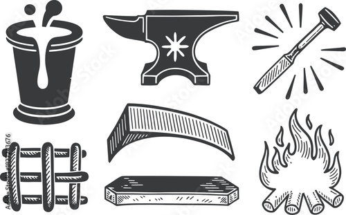 Blacksmithing Tools and Elements: Anvil, Hammer, Fire, and More