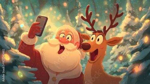 Santa claus and his reindeer rudolph taking a festive selfie together in a snowy forest illuminated by christmas lights