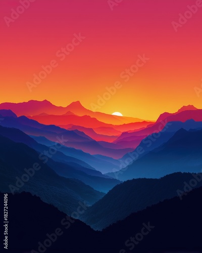 Vibrant vector-style landscape illustration featuring layered mountains fading from orange sunset to deep blue valleys. Minimalist art background