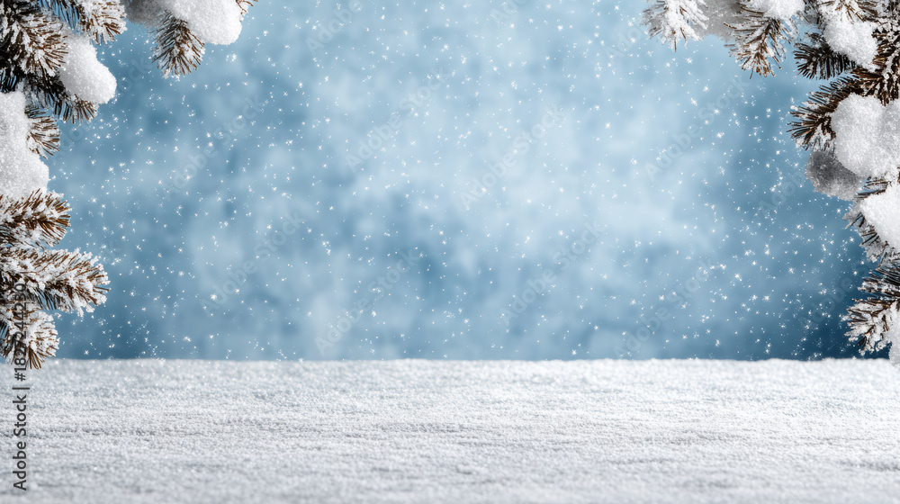 Fototapeta premium Snowy pine branch border with falling snow and icy blue background, serene winter scene