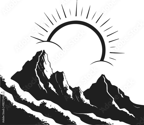 Bold single-stroke silhouette of a mountain ridge merging seamlessly into a rising sun, minimal geometric edges