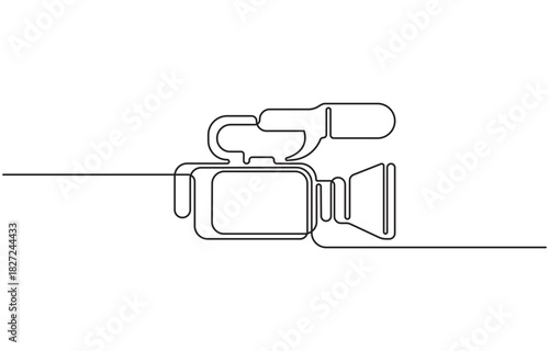 Continuous one line drawing of Professional video camera illustration, with lens and microphone isolated on transparent background.