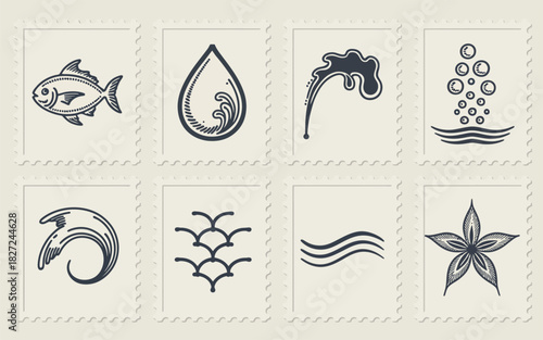 Collection of eight stylized nautical and water-themed icons in stamp format