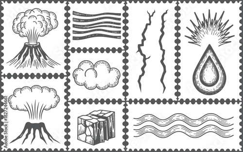 Collection of Natural Disaster and Element Icons in Stamp Format