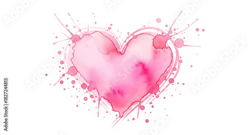 Beautiful Pink Watercolor Heart with Splashes and Droplets - Symbol of Love and Affection