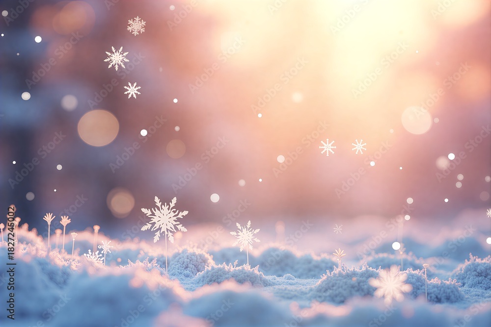 Naklejka premium Snowflakes drift softly over fluffy snow under warm, glowing lightpeaceful winter wonderland.
