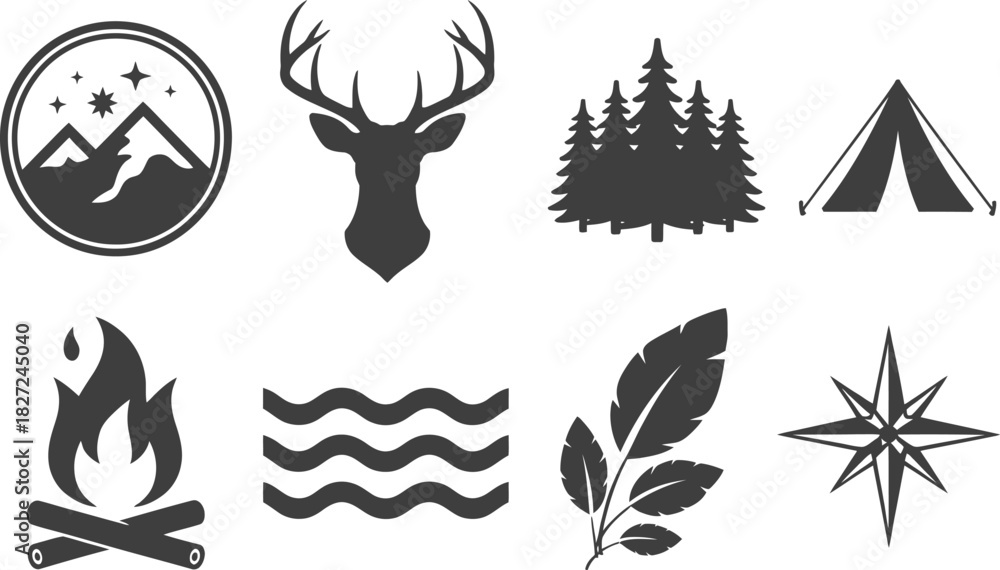 Obraz premium Outdoor Adventure and Nature Icons: Mountains, Deer, Trees, Tent, Fire, Water, Leaf, Compass