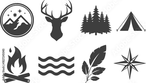 Outdoor Adventure and Nature Icons: Mountains, Deer, Trees, Tent, Fire, Water, Leaf, Compass