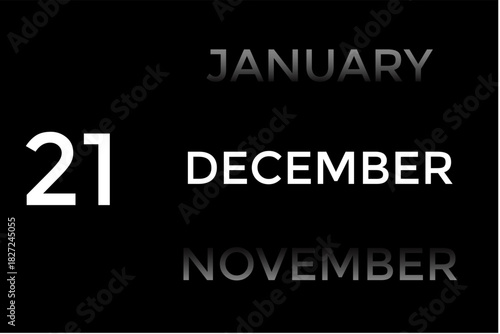 December 21 calendar with black background.A minimalist calendar template with well-structured date boxes and a sleek layout. This image is ideal for illustrating concepts such as time planning