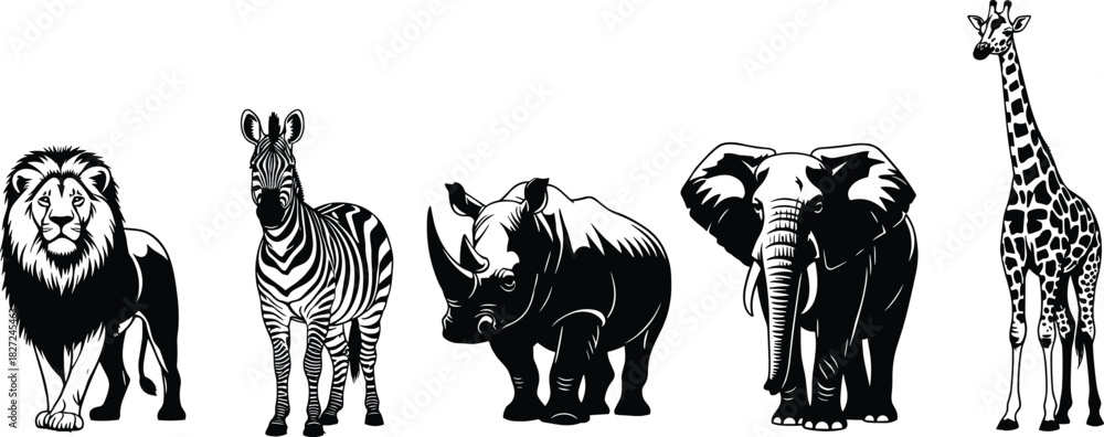 Obraz premium African wildlife silhouettes, lion zebra elephant giraffe rhino, black and white vector, safari animal lineup, conservation theme, nature illustration
