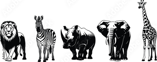 African wildlife silhouettes, lion zebra elephant giraffe rhino, black and white vector, safari animal lineup, conservation theme, nature illustration