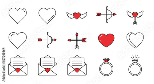Collection of Valentine's Day icons including hearts, envelopes, cupid's arrow, and engagement ring for romantic celebrations and love themes