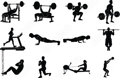 Silhouette collection of people exercising with weights and bodyweight