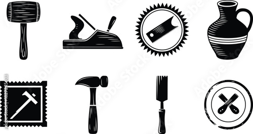 Collection of Black and White Icons Featuring Tools and Pottery