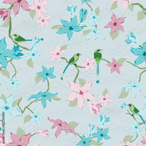 Chinoiserie Pink and Teal Blue Flowers on Vines with Green Motmots All Hand Drawn Creating a Seamless Pattern Print