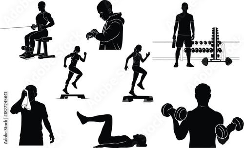 Fitness and exercise silhouette collection for gym workout and training