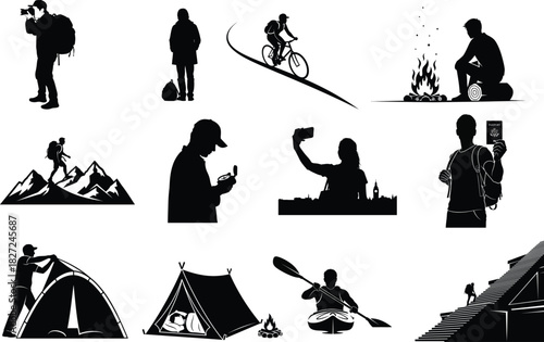 Outdoor adventure silhouettes camping hiking biking kayaking and photography