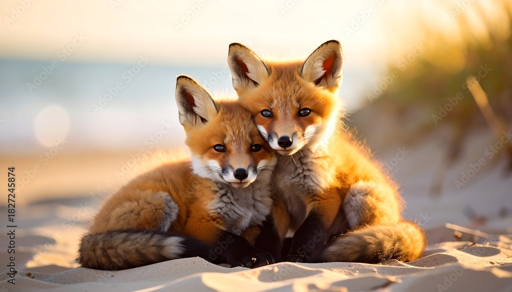 Fototapeta premium Two adorable red fox cubs cuddling on a sandy beach.