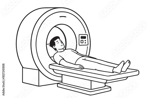 A black and white vector features a man receiving a PET scan inside a clinical imaging unit, presenting health evaluation through minimalistic lines, smooth shading, and a clean structured medical.