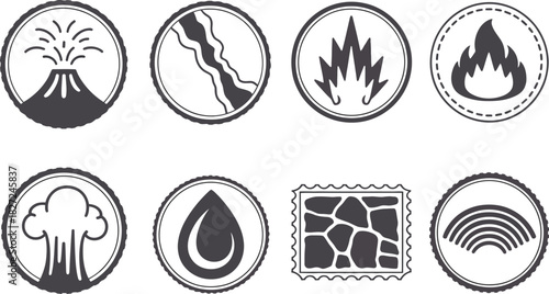 Collection of Nature and Element Icons: Volcano, River, Fire, Water, Rainbow, and More