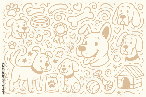 A cheerful vector background featuring a simple doodle theme of pet dogs, with playful paw prints, bones, and cartoon canines scattered across a clean, light colored surface, creating a whimsical feel