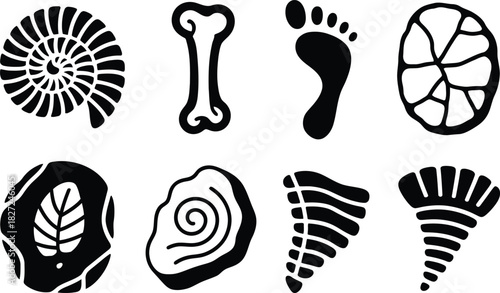 Collection of Black and White Icons Representing Fossils and Ancient Discoveries