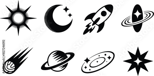 Collection of Black and White Space and Celestial Icons