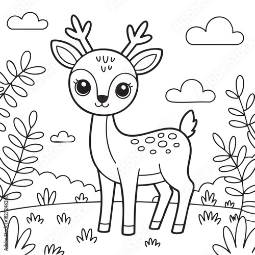 Cute Cartoon Deer Coloring Page for Kids with Natural Background featuring Trees and Clouds for Artistic Learning and Creative Activities