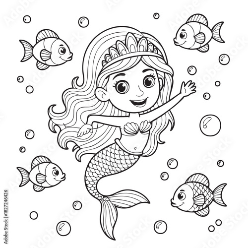 Cute cartoon mermaid coloring page featuring a happy mermaid with fish and bubbles perfect for children and artistic hobbyists to enjoy and relax