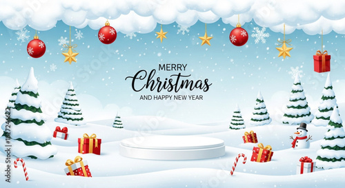 Merry Christmas Banner Product Display Cylindrical Stock Vector. Holiday christmas and happy new year background with a winter village and colorful presents vector. Christmas Winter Banner with Gifts 