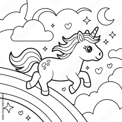 Cute unicorn galloping over a rainbow coloring page with stars clouds and a crescent moon ideal for childrens activity books and creative projects