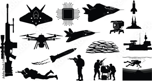 Fighter Jet, Drone, Sniper, Missile, Army Soldiers, Defense, Tactical Combat Graphic.