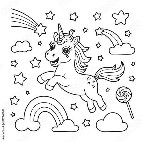 Enchanting Unicorn Adventure A Whimsical Coloring Page for Kids Celebrating Magic and Wonder Among Stars Rainbows and Sweet Treats A Fantastical Black and White Outline