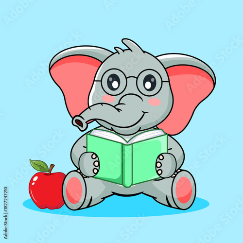 Cute Elephant Reading a Book with an Apple Vector Illustration Cartoon Kawaii Isolated Design