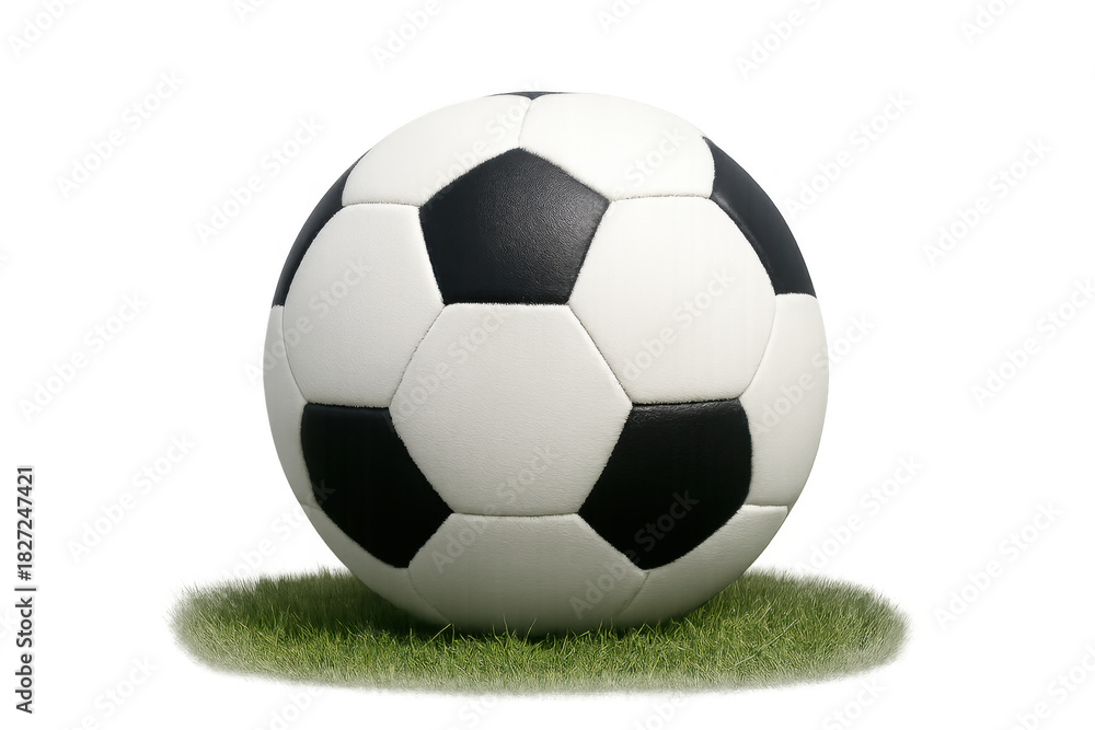 Obraz premium Classic soccer ball standing on green grass, black and white football on transparent background for sports concepts