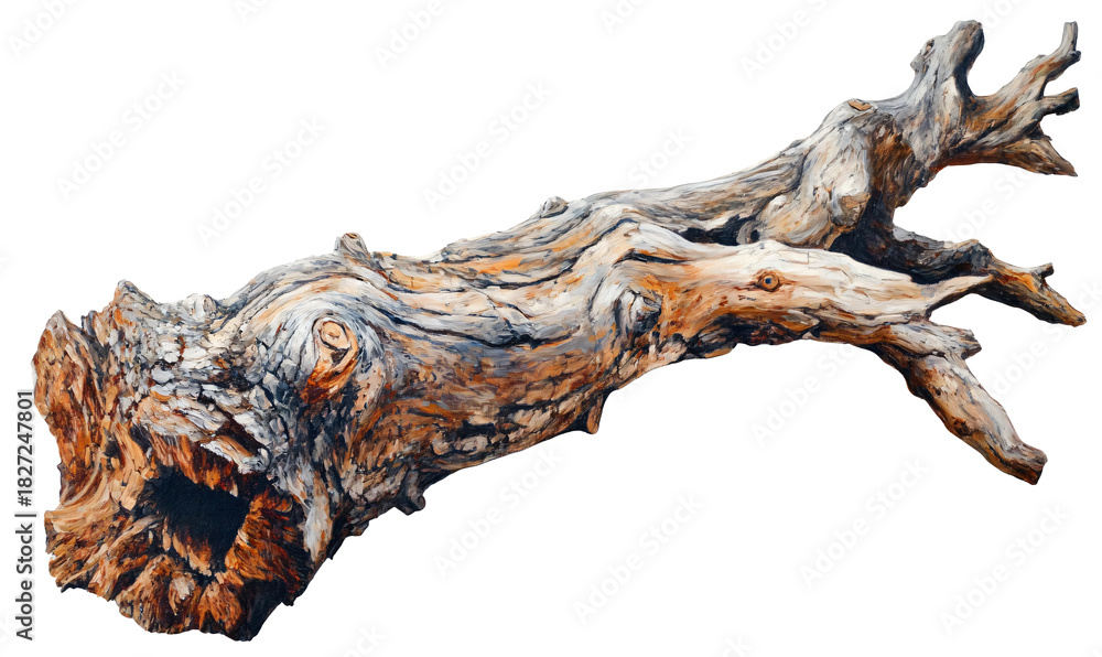 Naklejka premium Textured weathered driftwood branch with intricate grain patterns