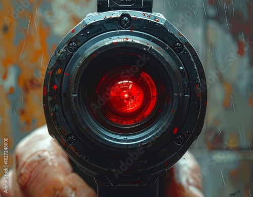A close-up, first-person view through a weapon's targeting system, bathed in a crimson glow with the barrel and surrounding area