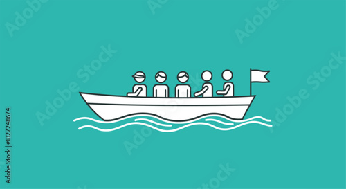 Simple illustration of people in a boat on water with a flag